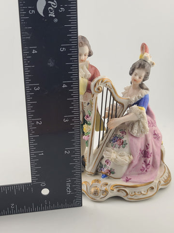 Antique Sitzendorf Germany Porcelain Musical Couple Figurine Lace Harp Flute