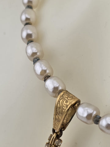 Vintage 1950's Miriam Haskell Glass Pearl Necklace/ Chocker Rhinestone Pendant