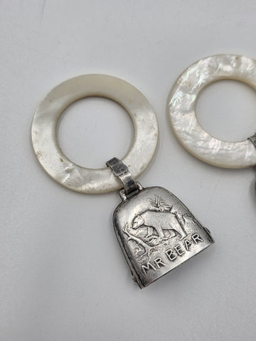 Pair Antique Sterling Silver Mother Of Pearl Baby Teething Rattles Mr Bear Goose