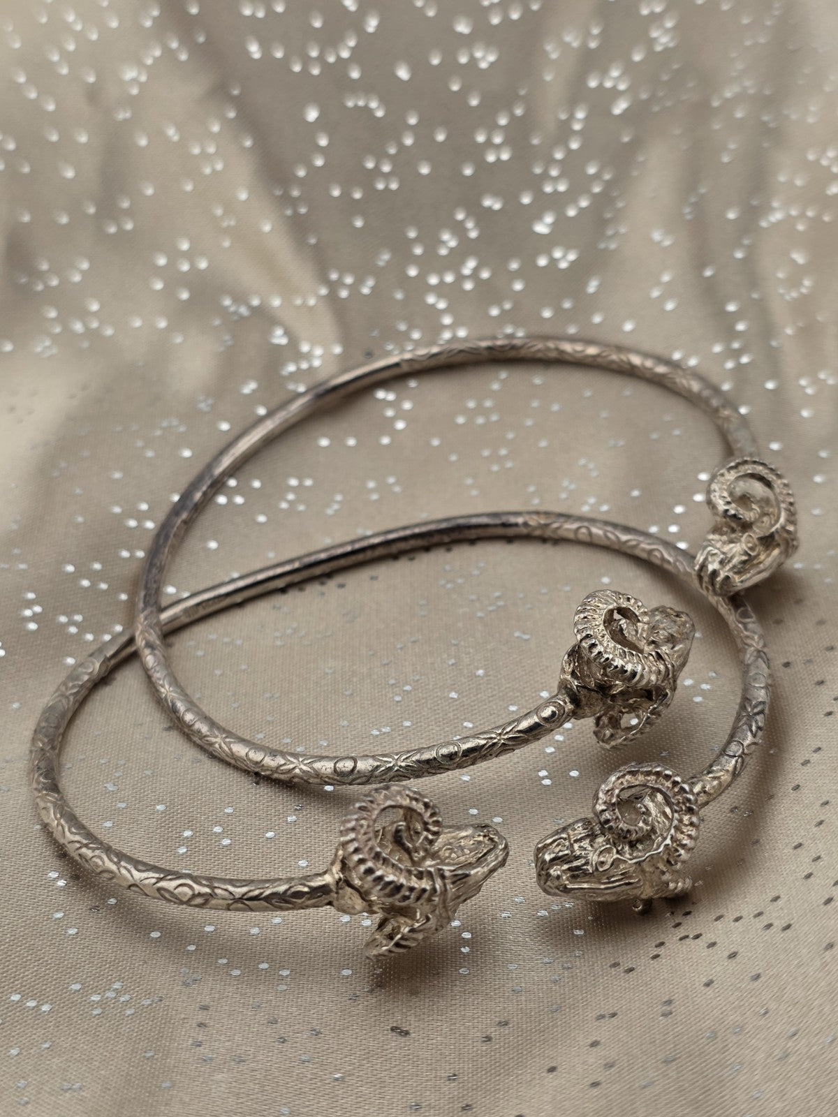 Vintage Sterling Silver Ram Head Cuff Bracelet Pair Greek Roman Revival 38.4g