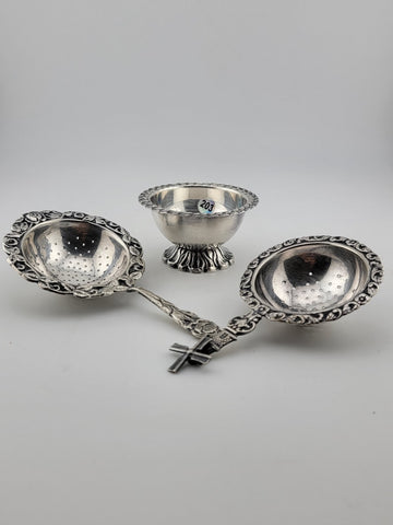 Rare Antique Silver 900 Dutch Loose Leaf Tea Strainers and Rest Dish Ornate