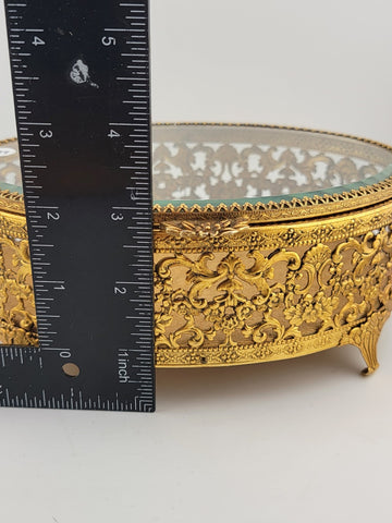 Vintage 1950s Hollywood Regency Ormolu Jewelry Casket Beveled Glass Filigree Box