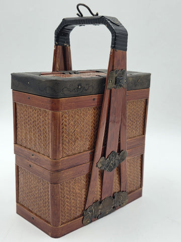 Antique Japanese Meiji Bamboo Picnic Basket Bento Box Woven Basket Complete Case