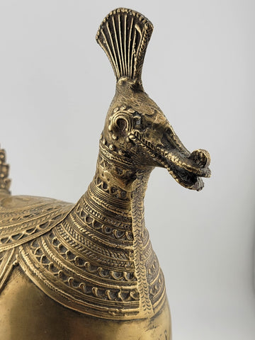 Antique Brass Decorative Indo-Islamic Dhokra Betel Nut Peacock Box With Lid.