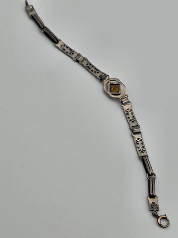 Antique 1920's Art Deco Sterling Silver Amber Glass Filigree Bracelet. 6.25 In.