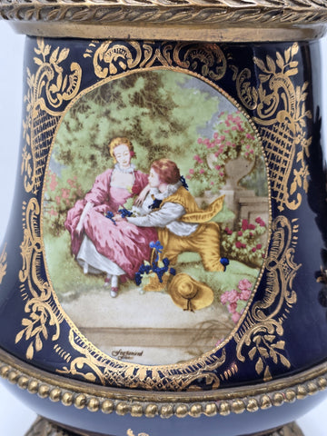 Antique French Cobalt Blue Porcelain &Brass Ewer Fragonard Scene Gilt Bronze 23"