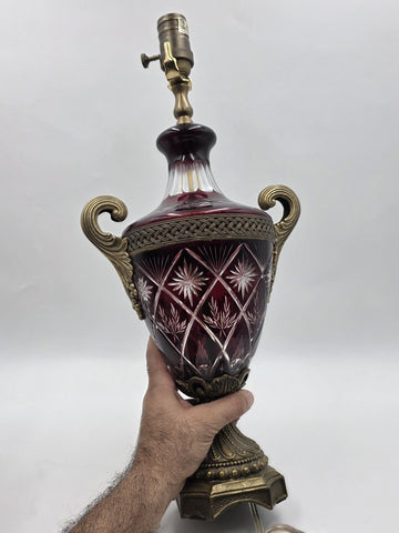 Pair Bohemian Ruby Red Crystal Lamp, Cut-to-Clear Czech Glass, Hollywood Regency