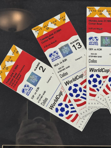 Rare Set 1994 FIFA World Cup USA Ticket Stubs + Coca Cola Pin Set Framed Display