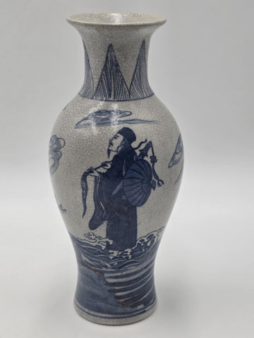 Antique Chinese Blue &White Crackle Glaze Porcelain Vase Immortals Qianlong Mark