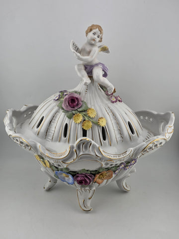 Antique Von Schierholz German Oval Reticulated Footed Bowl Lid & Figured Cherub