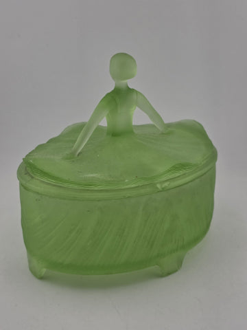 Antique Victorian Lady Uranium Vaseline Glass Trinket Powder Jar Box With Lid