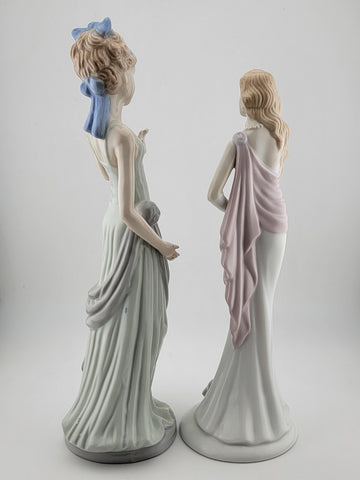 Beautiful Set Of 2 Vintage Porcelain Glazed Hair Women in White Dresses Figurine