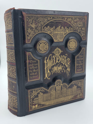 Antique 19th C Victorian Holy Bible 2000 Illustrations Embossed Leather Bible