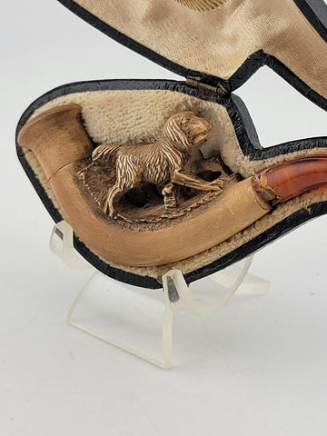 Antique 1920's French Dog Meerschaum & Amber Cigarette Holder W Original Case.