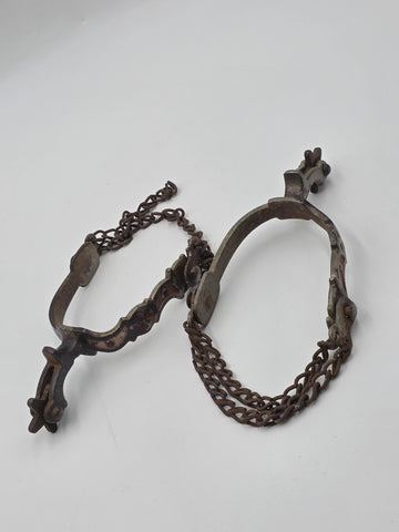 Antique Western Cowboy Spurs Pair Hand Engraved Red Inlay Steel w/ Chains