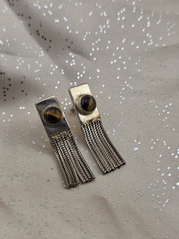 Rare Antique 1930's Sterling 925 Tiger Eye Tassel Drop Earrings Modernist Fringe