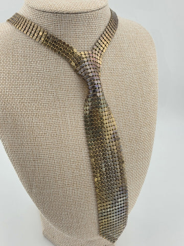 Vintage Gold & Silver Tone Mesh Tie Necklace Whiting Davis Style Fringe 70s