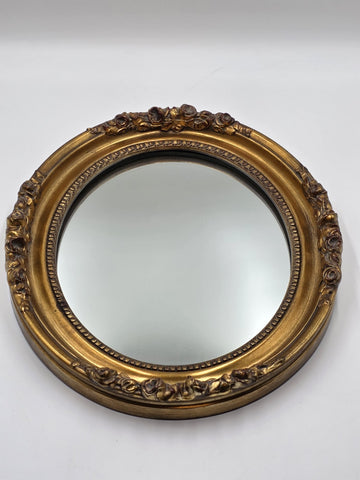Antique Hand Carved Gilt Wood Oval Mirror Roses Floral Rococo 17” Wall Decor