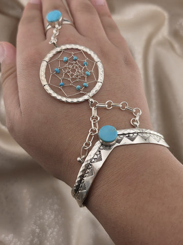 Vintage RB 925 Sterling Silver Turquoise Hand Chain Slave Bracelet Southwestern