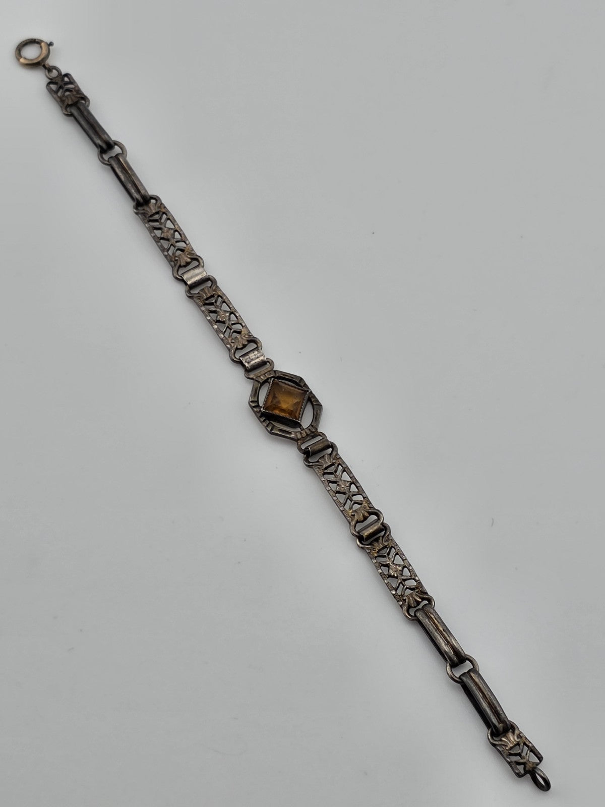 Antique 1920's Art Deco Sterling Silver Amber Glass Filigree Bracelet. 6.25 In.