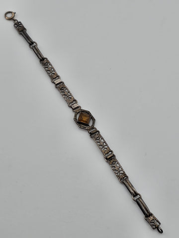 Antique 1920's Art Deco Sterling Silver Amber Glass Filigree Bracelet. 6.25 In.