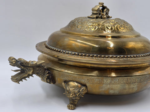 Antique Chinese Brass Dragon Handle Lidded Tureen Qing Hot Pot with Foo Dog Lid