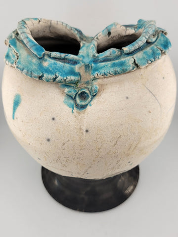 Rare Unique One Of A Kind Vintage Crackled Style Ceramic Vase W 2 Openings.