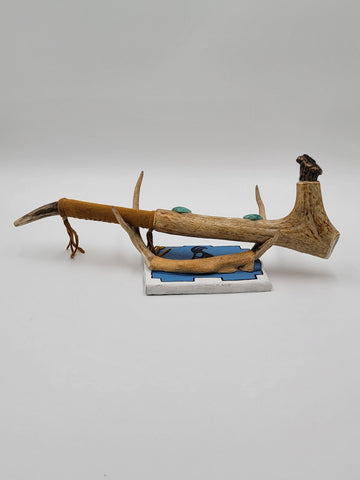 Rare Antique Native American Navajo Ceremonial Pipe W Real Turquoise On Stand.