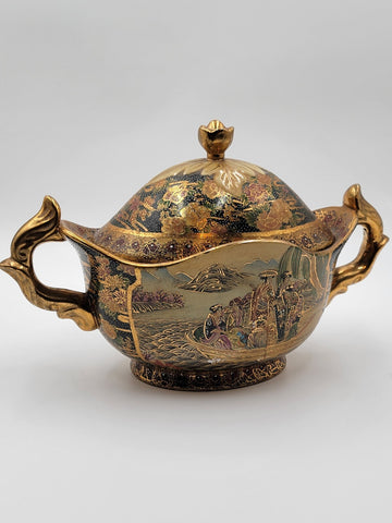 Vintage Satsuma Hand Painted Gold Gilded Bowl Urn Compote W Lid Fritz. Extra Lid