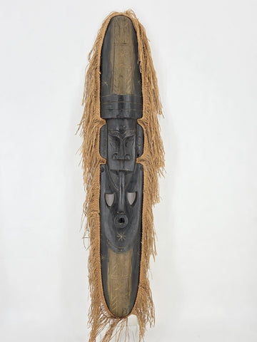 Vintage 40” West African Hand Carved Wood Mask Raffia Fringe Tribal Wall Art