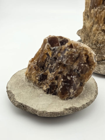 2 Natural Honey Brown Crystal Mineral Clusters Barite on Concrete Display Bases