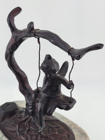 Antique Bronze Statue After Moreau Angel Swinging from Tree On A Marble Base.