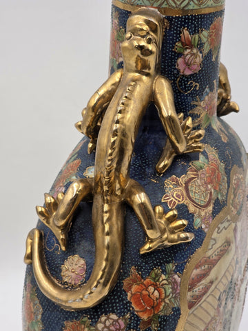 Vintage Royal Satsuma Moon Flask Bottle Vase Gold Gilt Dragon Handles Large 14"