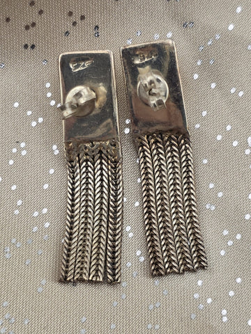 Rare Antique 1930's Sterling 925 Tiger Eye Tassel Drop Earrings Modernist Fringe