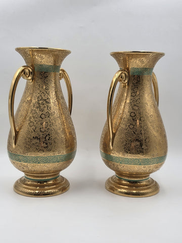 Pair Vintage Le Mieux 24 Karat Gold Handled Vases Victorian Scene Ladies Cherubs