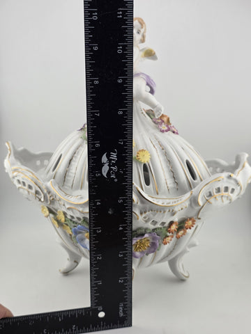 Antique Von Schierholz German Oval Reticulated Footed Bowl Lid & Figured Cherub
