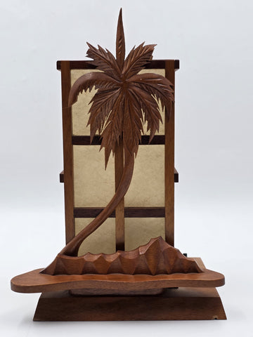 Vintage Mid Century Modern Carved Hawaiian Koa Wood Palm Tree Tiki Table Lamp
