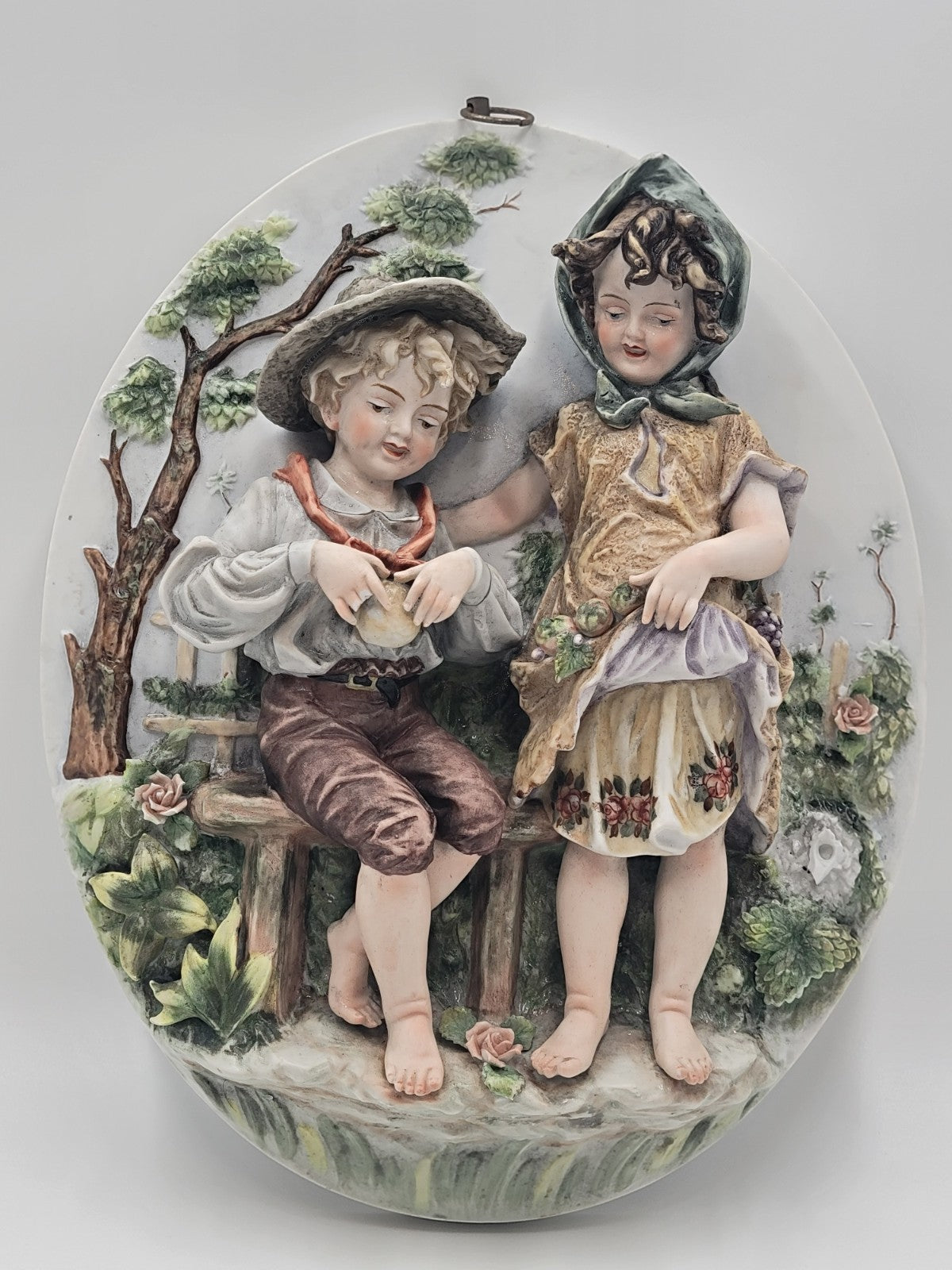 Antique German Bisque 3D Wall Plaque Framed High Relief Germany Children.