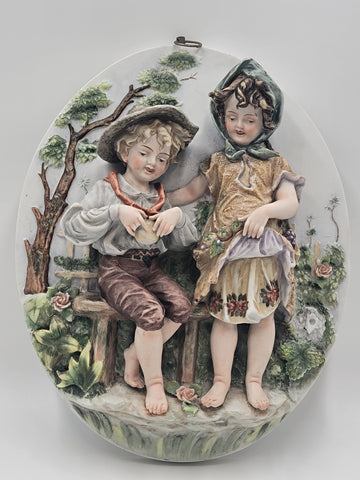 Antique German Bisque 3D Wall Plaque Framed High Relief Germany Children.