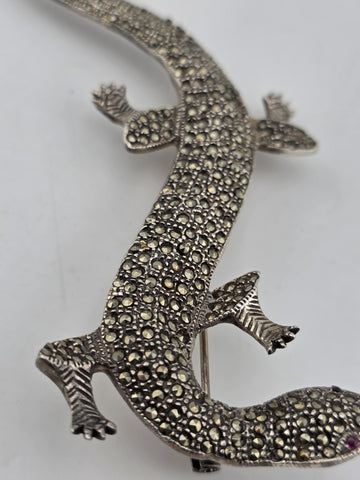 LARGE STERLING SILVER MARCASITE LIFE SIZE LIZARD PIN BROOCH SALAMANDER. 6 Inch.