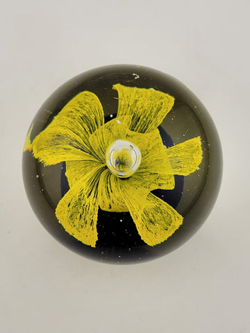 Vintage Art Glass Paperweight Yellow Flower Inside Cobalt Glass (2 1/2'')