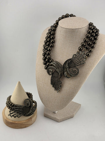 Rare Vintage Heidi Daus Statement Necklace & Bracelet, Chunky Black Faux Pearls