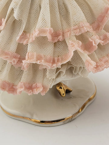 Set Of 2 Volkstedt Germany Dresden Lace Small Ballerina Pink Porcelain Figurines