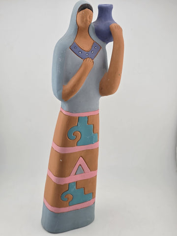 Vintage Handmade Painted Clay Indeginous Pottery Woman Holding Pot 15" High