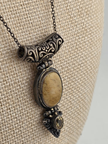South America Artisan 925 Sterling Silver Jasper Citrine Hinged Pendant Necklace