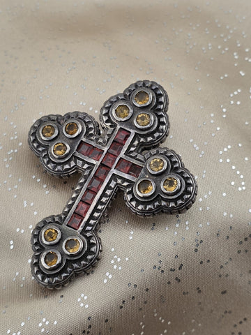 Vintage 8.45ctw Gemstone Cross Pendant 925 Sterling Silver Citrine Garnet Brooch