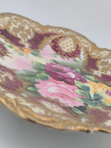 Antique Royal Kinran Nippon HandPainted Platter Moriage Pink Yellow Rose Gold
