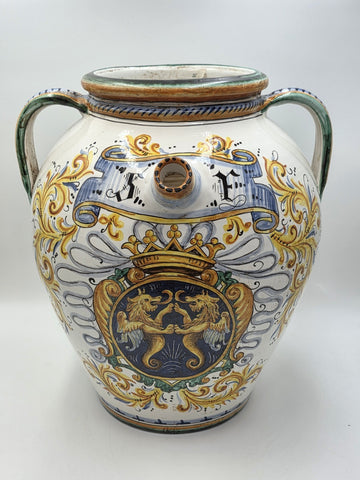 Rare Antique XL 19th C Italian Majolica Olive Oil Jar Heraldic Lions Handpainted