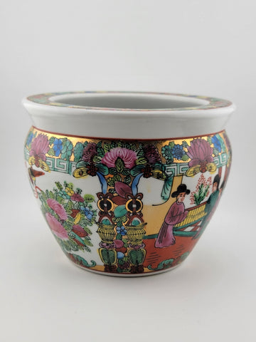 Antique Handpainted Chinoisserie Fishbowl Ceramic Chinese Pot W Geisha Figures.