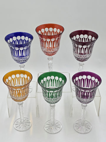 Gourgeous Set Of 6 Colorful Cut to Clear Crystal 8 3/4" Tall Hock Wine Glasses